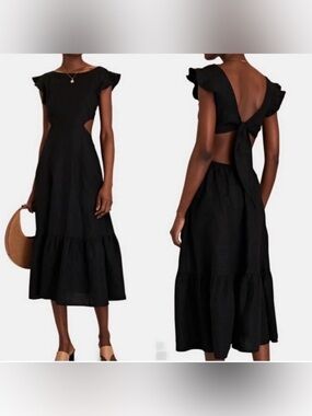 Jason Wu Linen Blend Black Flutter Sleeve Midi Cut Out Back Tie Back Dress, M